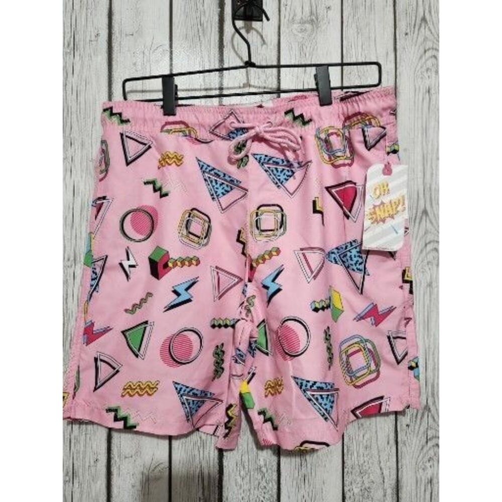 Mens Swim Trunks Medium Pink Geometric Shapes Drawstring Pockets Elastic Waist